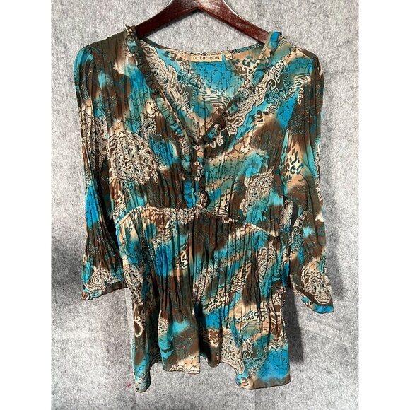 Notations Womens Boho Tunic Top L Blue Brown Abstract Print 3/4 Sleeve sheer - Picture 1 of 5
